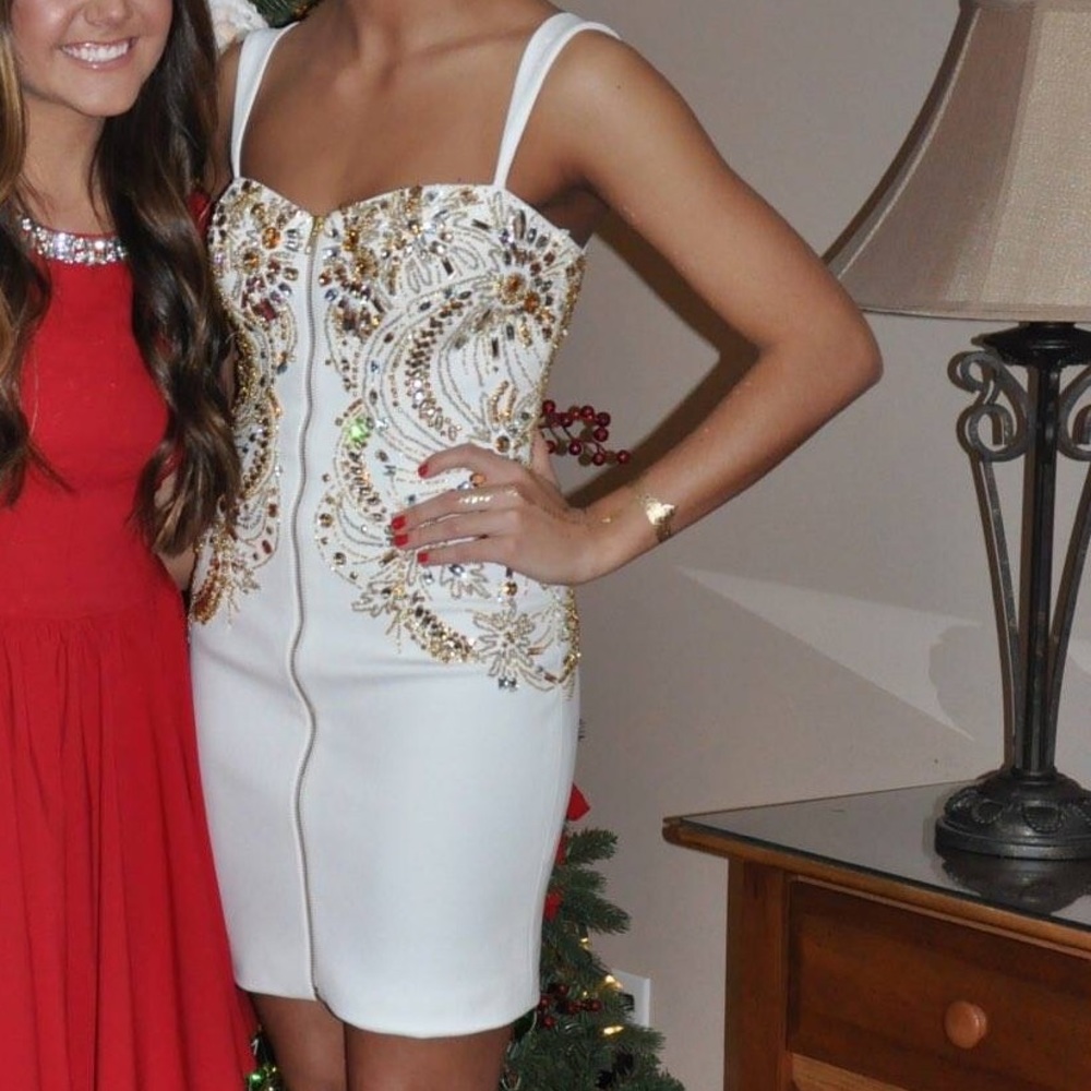 Sherri Hill Off White Dress Gold Detail, Size 2.